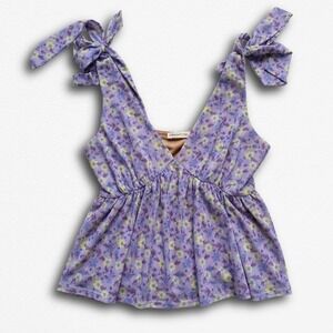 Lucid Pink Purple Floral Tie Shoulder Peplum Tank Top V-Neck Womens Small